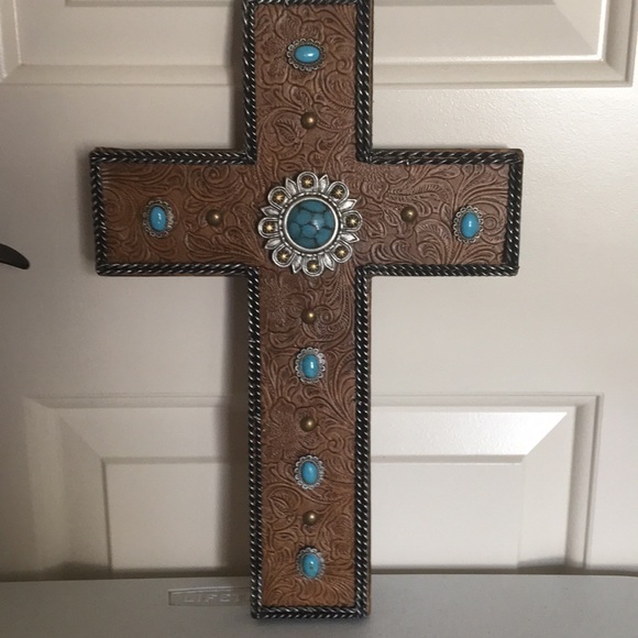 NWT Wooden Cross Tooled Leather and Faux Turquoise